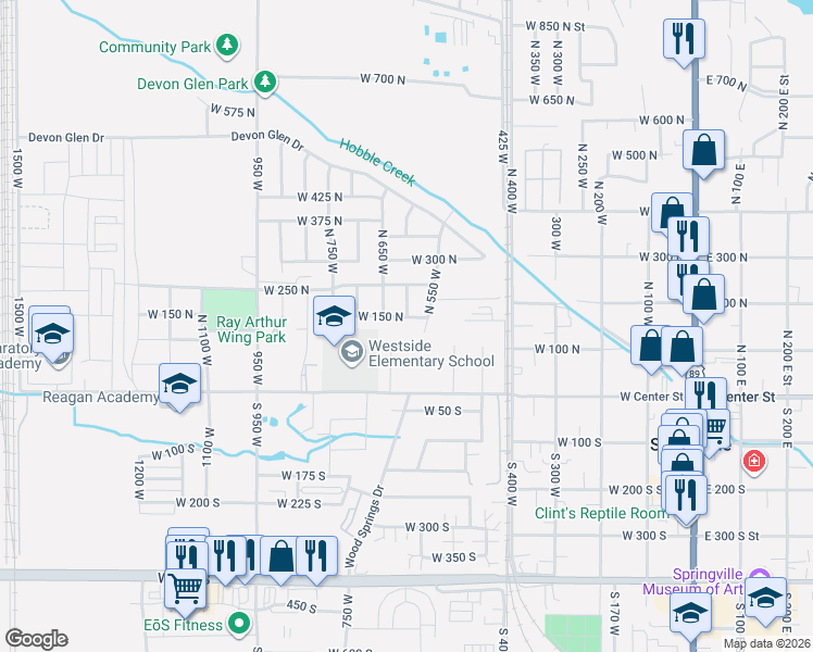 map of restaurants, bars, coffee shops, grocery stores, and more near 637 West 150 North in Springville
