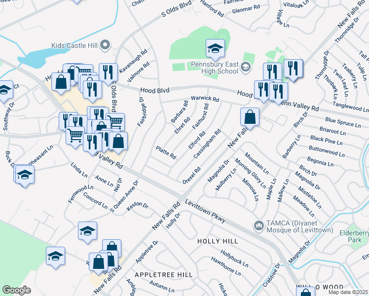 map of restaurants, bars, coffee shops, grocery stores, and more near 533 Elford Road in Fairless Hills