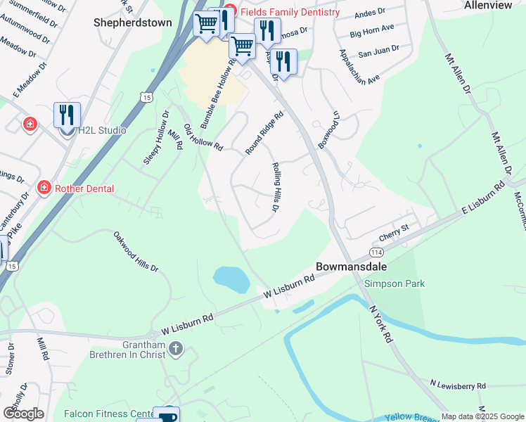 map of restaurants, bars, coffee shops, grocery stores, and more near 5 Hilltop Circle in Mechanicsburg
