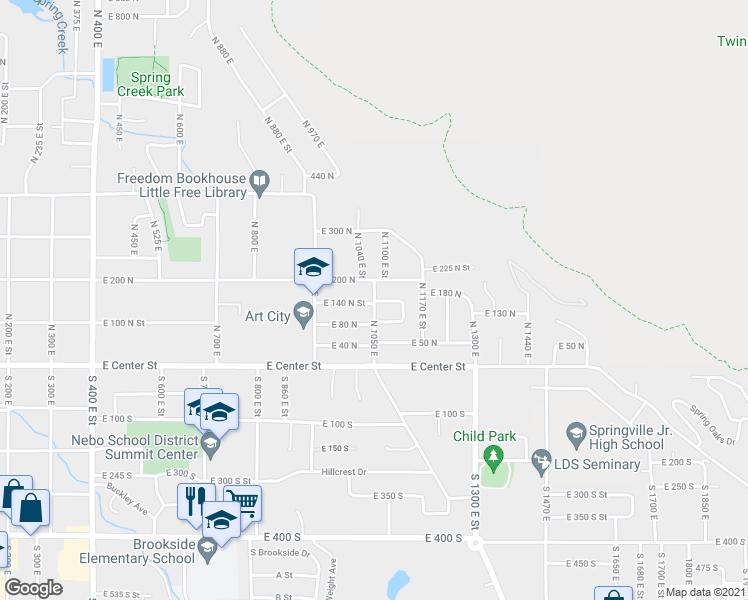 map of restaurants, bars, coffee shops, grocery stores, and more near 141 North 1050 East in Springville