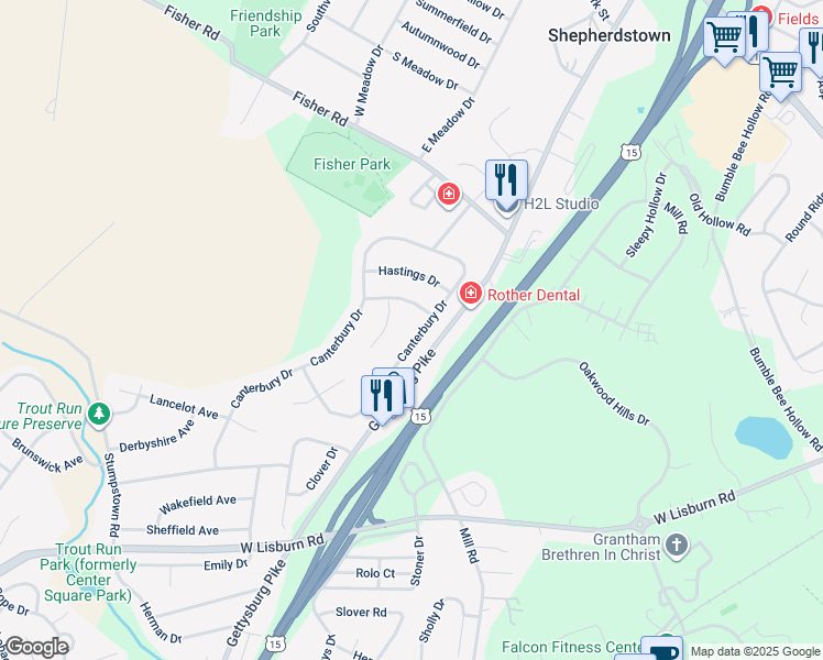 map of restaurants, bars, coffee shops, grocery stores, and more near 2173 Canterbury Drive in Mechanicsburg