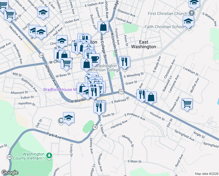 map of restaurants, bars, coffee shops, grocery stores, and more near 99 East Maiden Street in Washington