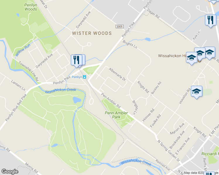 map of restaurants, bars, coffee shops, grocery stores, and more near 158 Cheshire Drive in Blue Bell