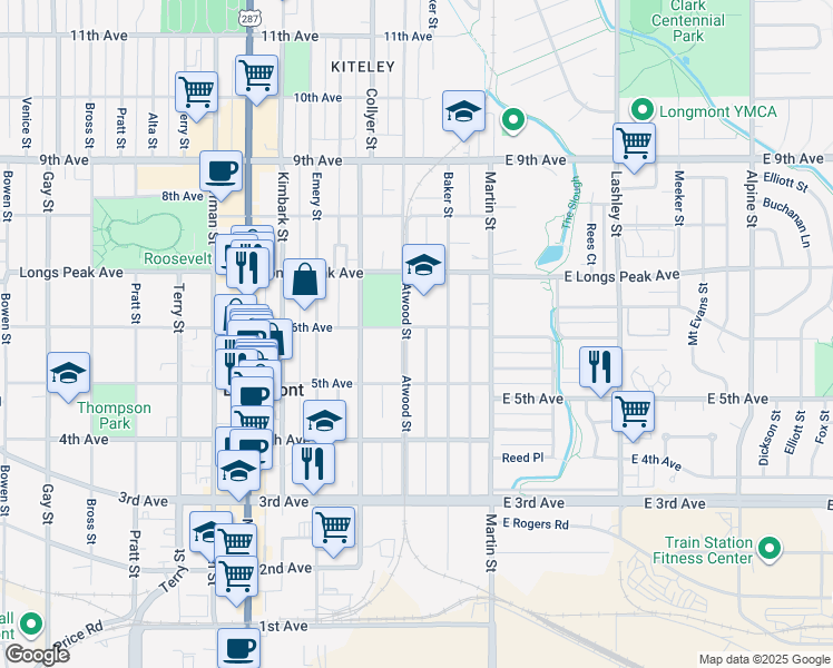 map of restaurants, bars, coffee shops, grocery stores, and more near 532 Atwood Street in Longmont
