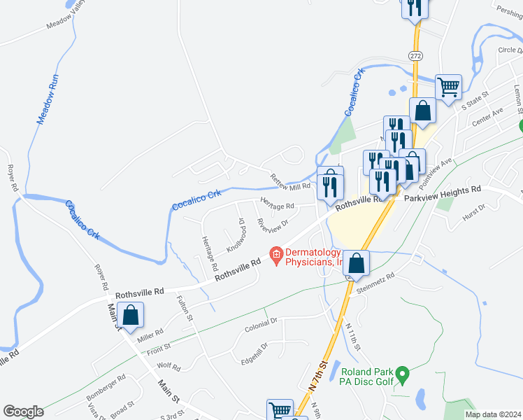 map of restaurants, bars, coffee shops, grocery stores, and more near 207 Riverview Drive in Ephrata