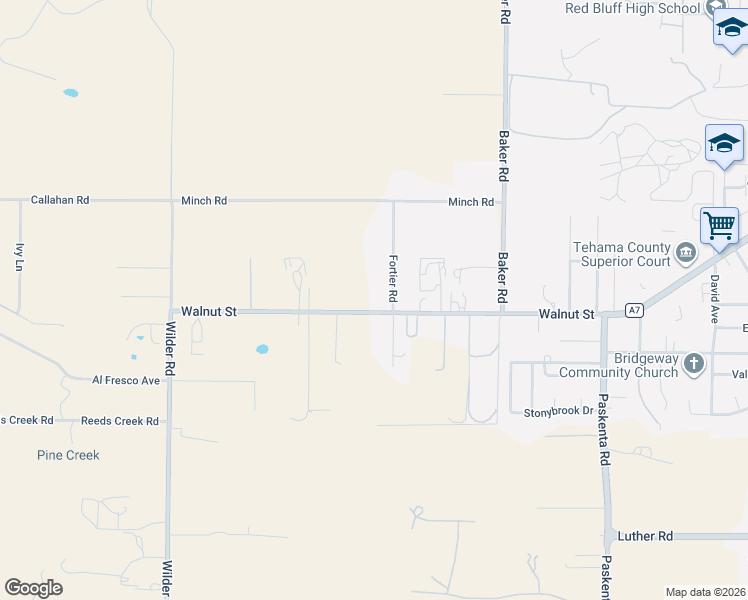 map of restaurants, bars, coffee shops, grocery stores, and more near 20730 Walnut Street in Red Bluff