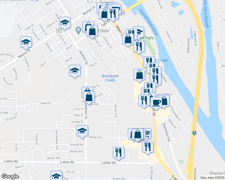map of restaurants, bars, coffee shops, grocery stores, and more near 215 James Avenue in Red Bluff