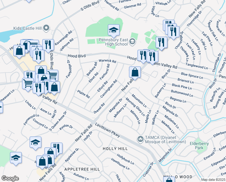 map of restaurants, bars, coffee shops, grocery stores, and more near 509 Drexel Rd in Fairless Hills