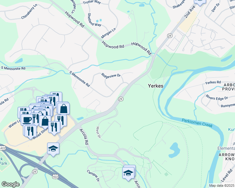 map of restaurants, bars, coffee shops, grocery stores, and more near 111 South Mennonite Road in Collegeville