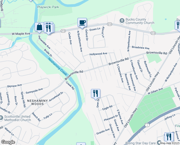 map of restaurants, bars, coffee shops, grocery stores, and more near 128 South Buckthorne Avenue in Langhorne