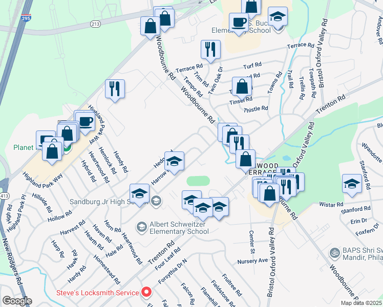 map of restaurants, bars, coffee shops, grocery stores, and more near 102 Harrow Road in Levittown