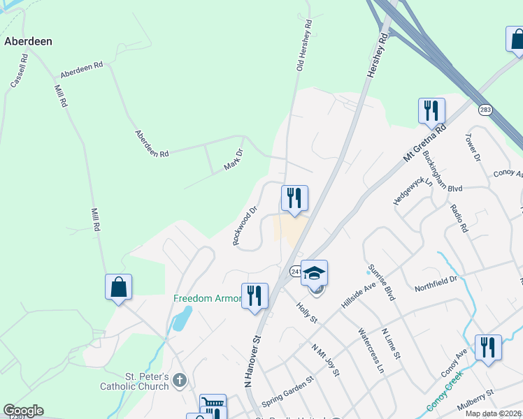 map of restaurants, bars, coffee shops, grocery stores, and more near 661 Rockwood Drive in Elizabethtown