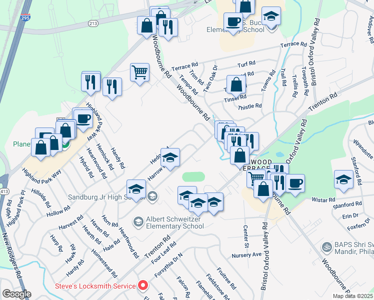 map of restaurants, bars, coffee shops, grocery stores, and more near 102 Harrow Road in Levittown