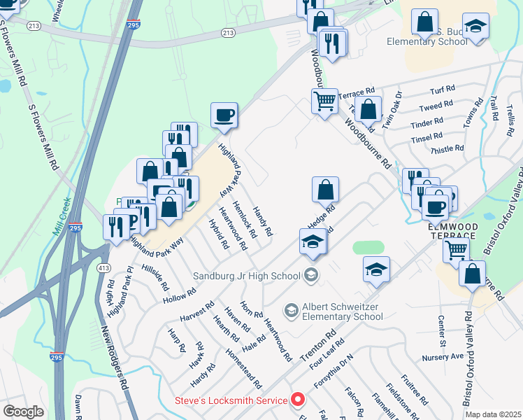 map of restaurants, bars, coffee shops, grocery stores, and more near 52 Handy Road in Levittown