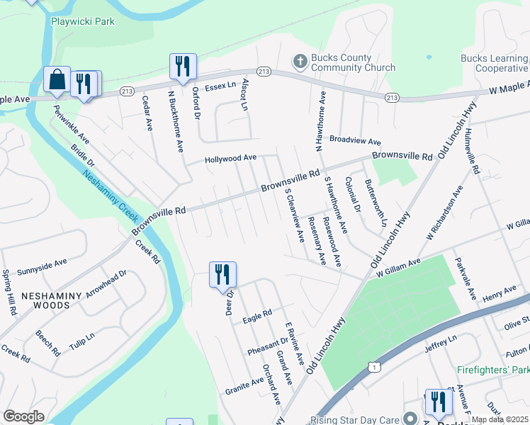 map of restaurants, bars, coffee shops, grocery stores, and more near 133 South Myrtlewood Avenue in Langhorne