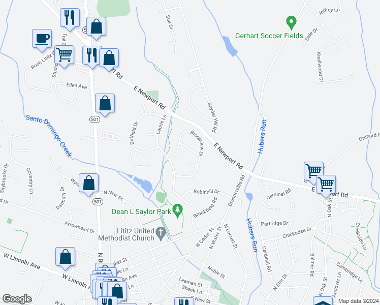 map of restaurants, bars, coffee shops, grocery stores, and more near 5 Barbara Lane in Lititz