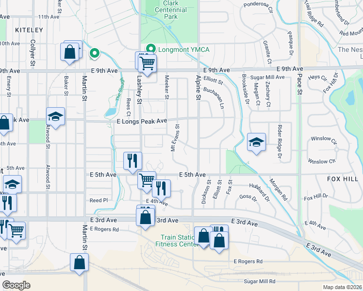 map of restaurants, bars, coffee shops, grocery stores, and more near 552 Hilltop Street in Longmont