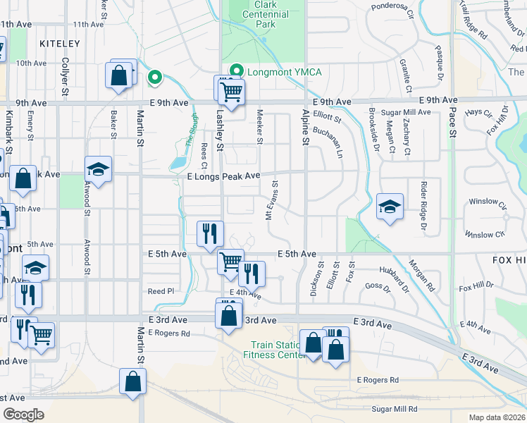 map of restaurants, bars, coffee shops, grocery stores, and more near 567 Mount Evans Street in Longmont