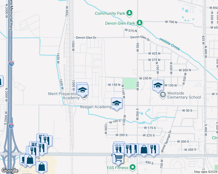map of restaurants, bars, coffee shops, grocery stores, and more near 1156 West 100 North in Springville