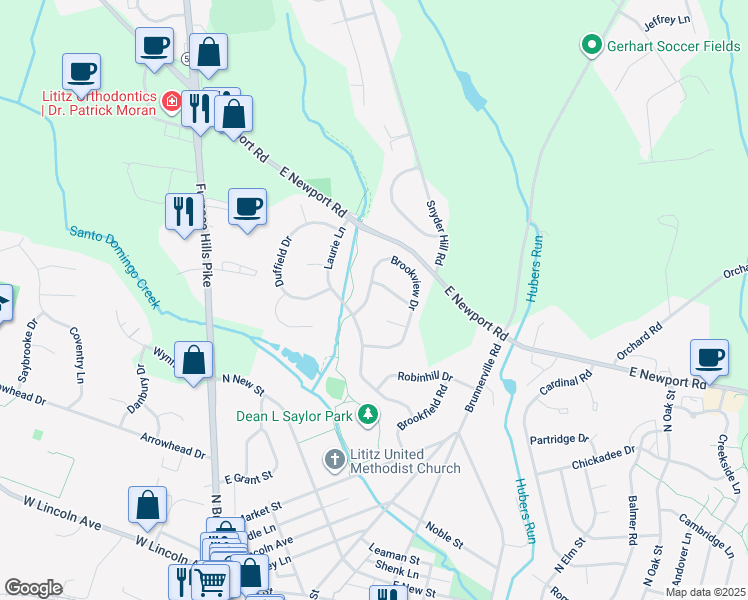 map of restaurants, bars, coffee shops, grocery stores, and more near 69 Brookview Drive in Lititz