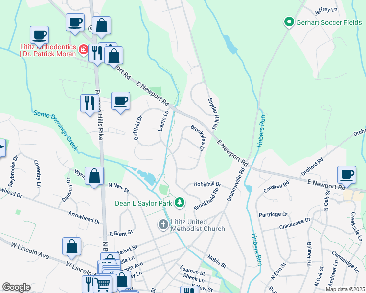map of restaurants, bars, coffee shops, grocery stores, and more near 69 Brookview Drive in Lititz