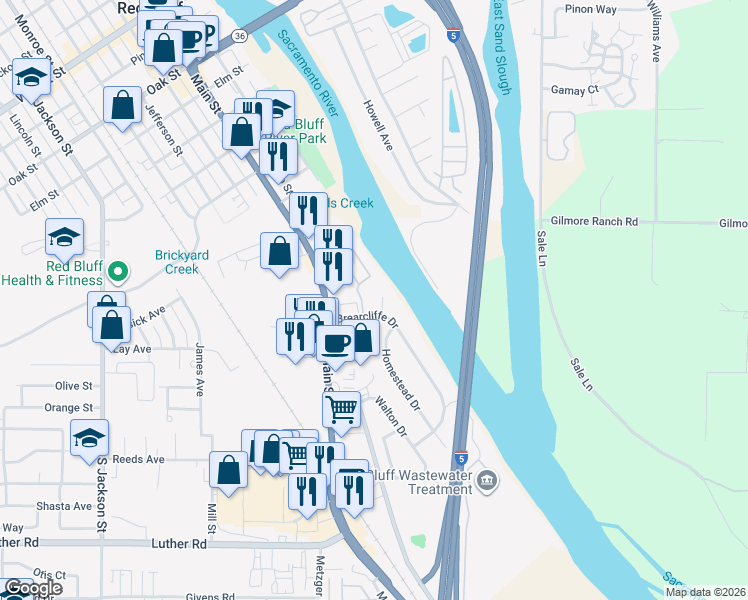 map of restaurants, bars, coffee shops, grocery stores, and more near 310 Brearcliffe Drive in Red Bluff