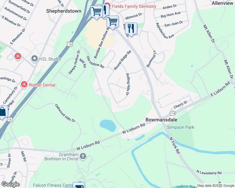 map of restaurants, bars, coffee shops, grocery stores, and more near 8 Hilltop Circle in Mechanicsburg