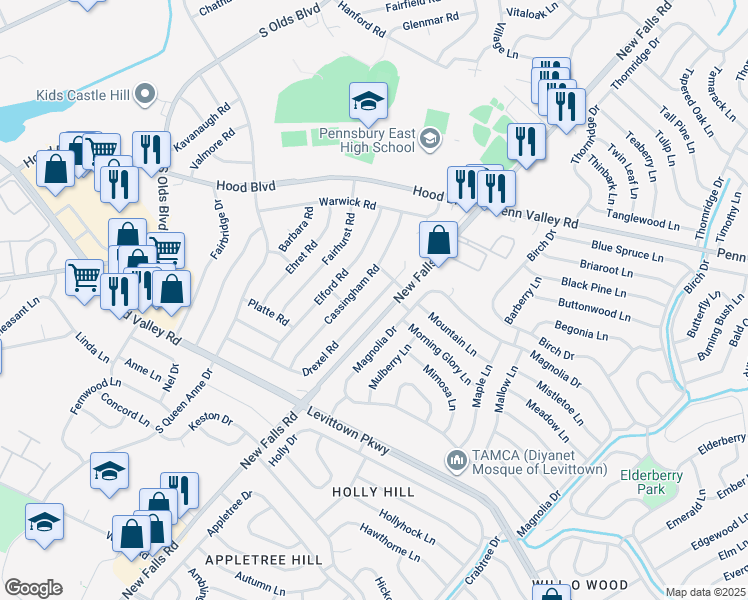 map of restaurants, bars, coffee shops, grocery stores, and more near 521 Drexel Road in Fairless Hills