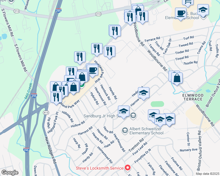 map of restaurants, bars, coffee shops, grocery stores, and more near 52 Handy Road in Levittown