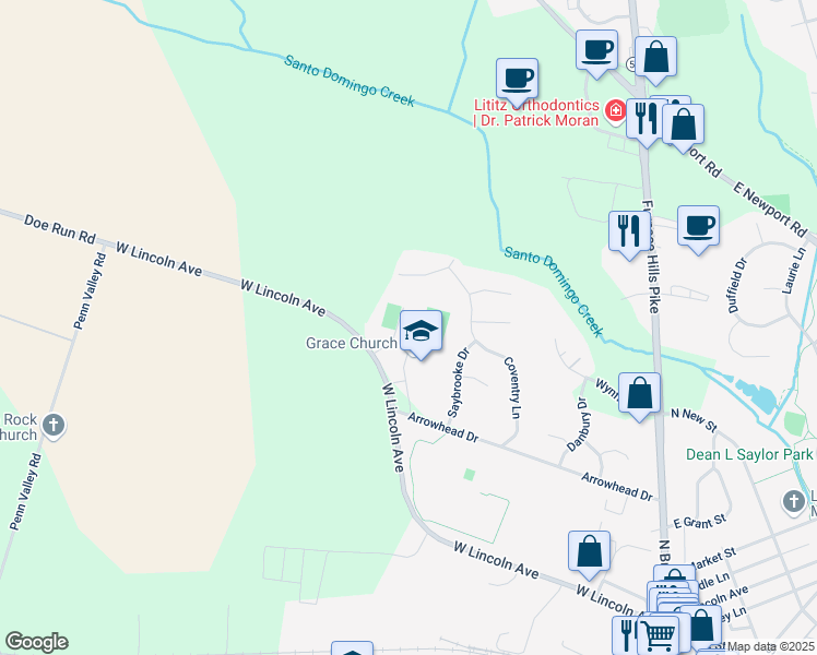 map of restaurants, bars, coffee shops, grocery stores, and more near 513 West Lincoln Avenue in Lititz
