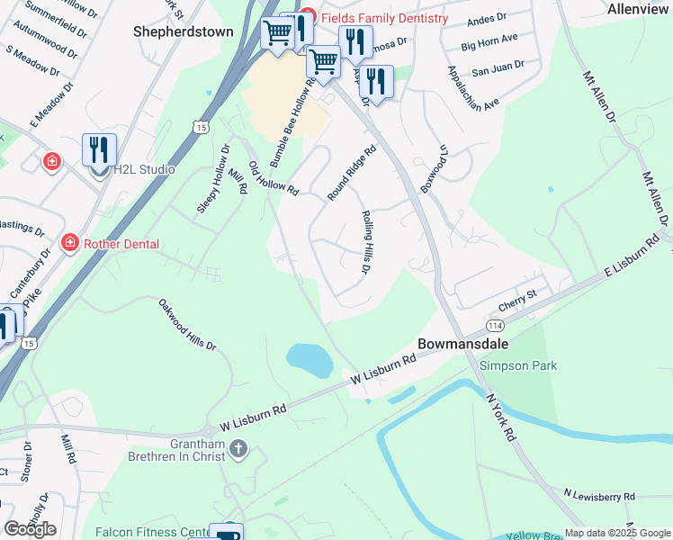 map of restaurants, bars, coffee shops, grocery stores, and more near 8 Hilltop Circle in Mechanicsburg