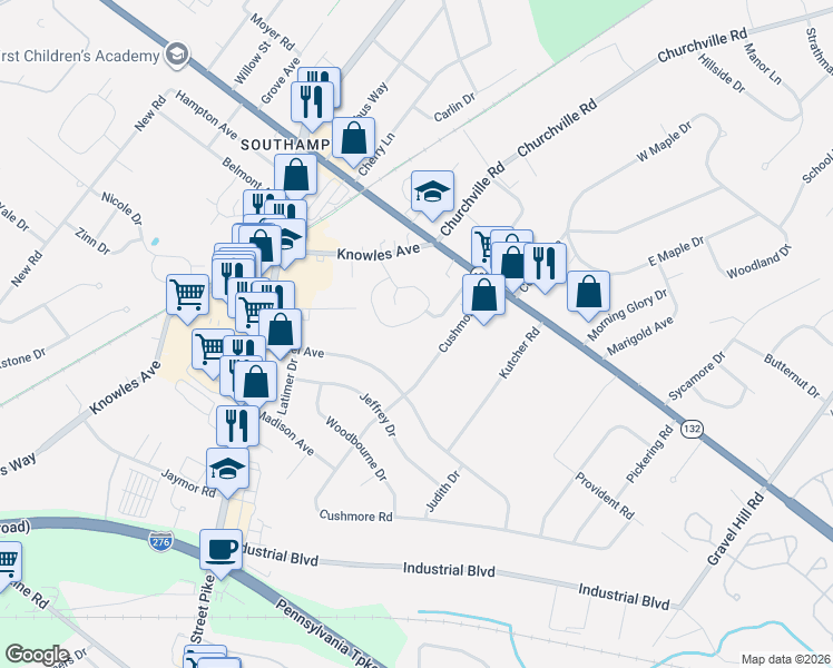 map of restaurants, bars, coffee shops, grocery stores, and more near 550 Cushmore Road in Southampton