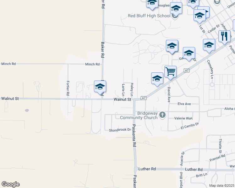 map of restaurants, bars, coffee shops, grocery stores, and more near 2006 Walnut Street in Red Bluff