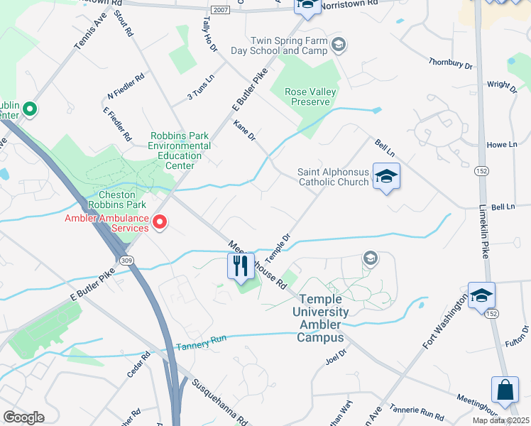 map of restaurants, bars, coffee shops, grocery stores, and more near 5 Lee Drive in Ambler