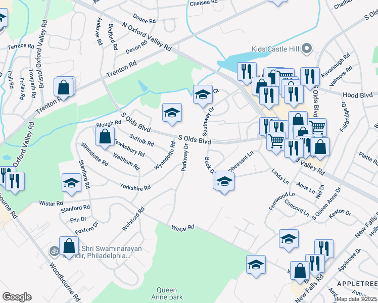 map of restaurants, bars, coffee shops, grocery stores, and more near 506 Parkway Drive in Fairless Hills