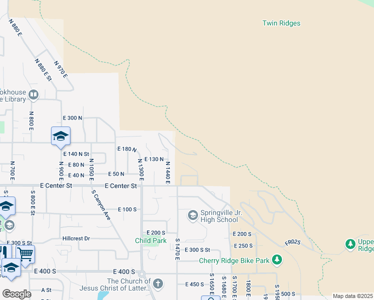 map of restaurants, bars, coffee shops, grocery stores, and more near 115 North 1540 East Street in Springville