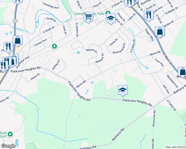 map of restaurants, bars, coffee shops, grocery stores, and more near 221 Akron Road in Ephrata