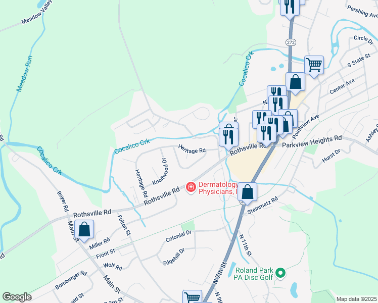 map of restaurants, bars, coffee shops, grocery stores, and more near 123 Heritage Road in Ephrata