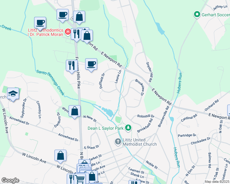 map of restaurants, bars, coffee shops, grocery stores, and more near 3 Duffield Drive in Lititz
