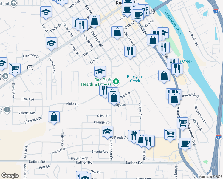 map of restaurants, bars, coffee shops, grocery stores, and more near 101 Jackson Street in Red Bluff