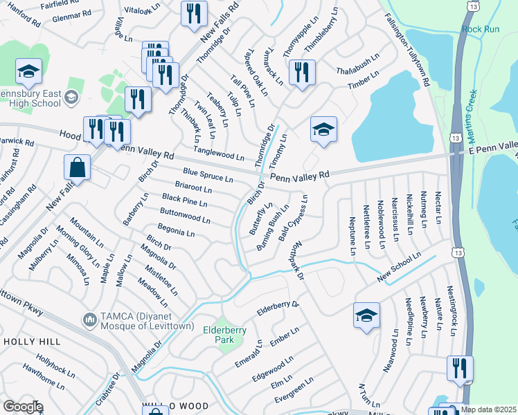 map of restaurants, bars, coffee shops, grocery stores, and more near 29 Butterfly Lane in Levittown