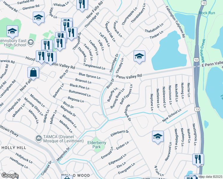 map of restaurants, bars, coffee shops, grocery stores, and more near 29 Butterfly Lane in Levittown