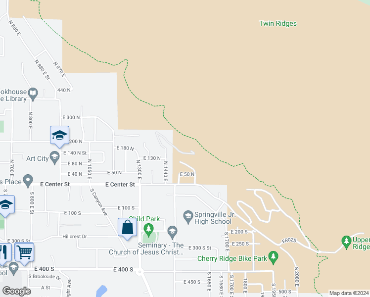 map of restaurants, bars, coffee shops, grocery stores, and more near 115 North 1540 East Street in Springville