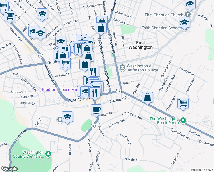 map of restaurants, bars, coffee shops, grocery stores, and more near 99 East Maiden Street in Washington