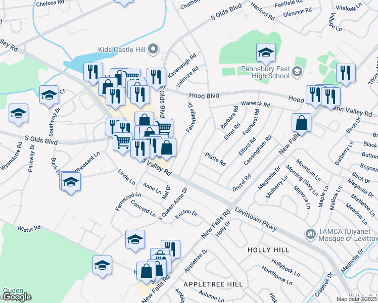 map of restaurants, bars, coffee shops, grocery stores, and more near 621 Saxony Drive in Fairless Hills