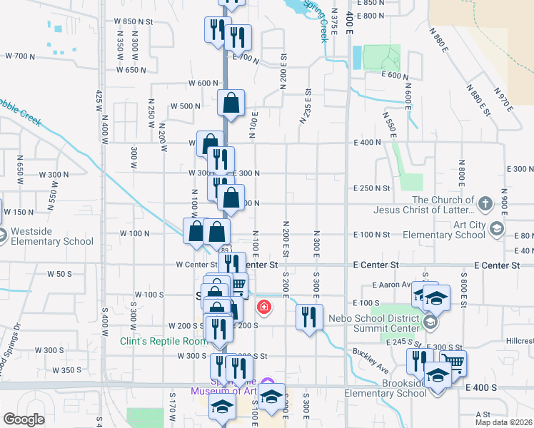 map of restaurants, bars, coffee shops, grocery stores, and more near 136 East 200 North in Springville