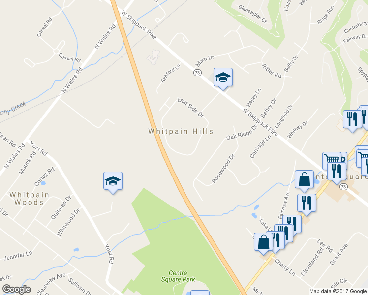 map of restaurants, bars, coffee shops, grocery stores, and more near 1711 Whitpain Hills in Blue Bell