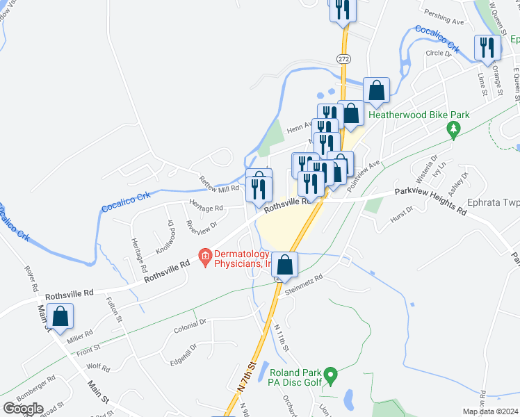 map of restaurants, bars, coffee shops, grocery stores, and more near 1053 James Avenue in Ephrata