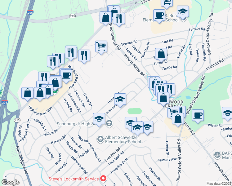 map of restaurants, bars, coffee shops, grocery stores, and more near 81 Hedge Road in Levittown