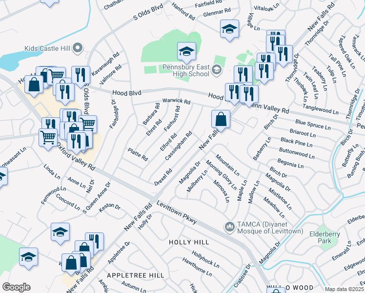 map of restaurants, bars, coffee shops, grocery stores, and more near 522 Cassingham Road in Fairless Hills